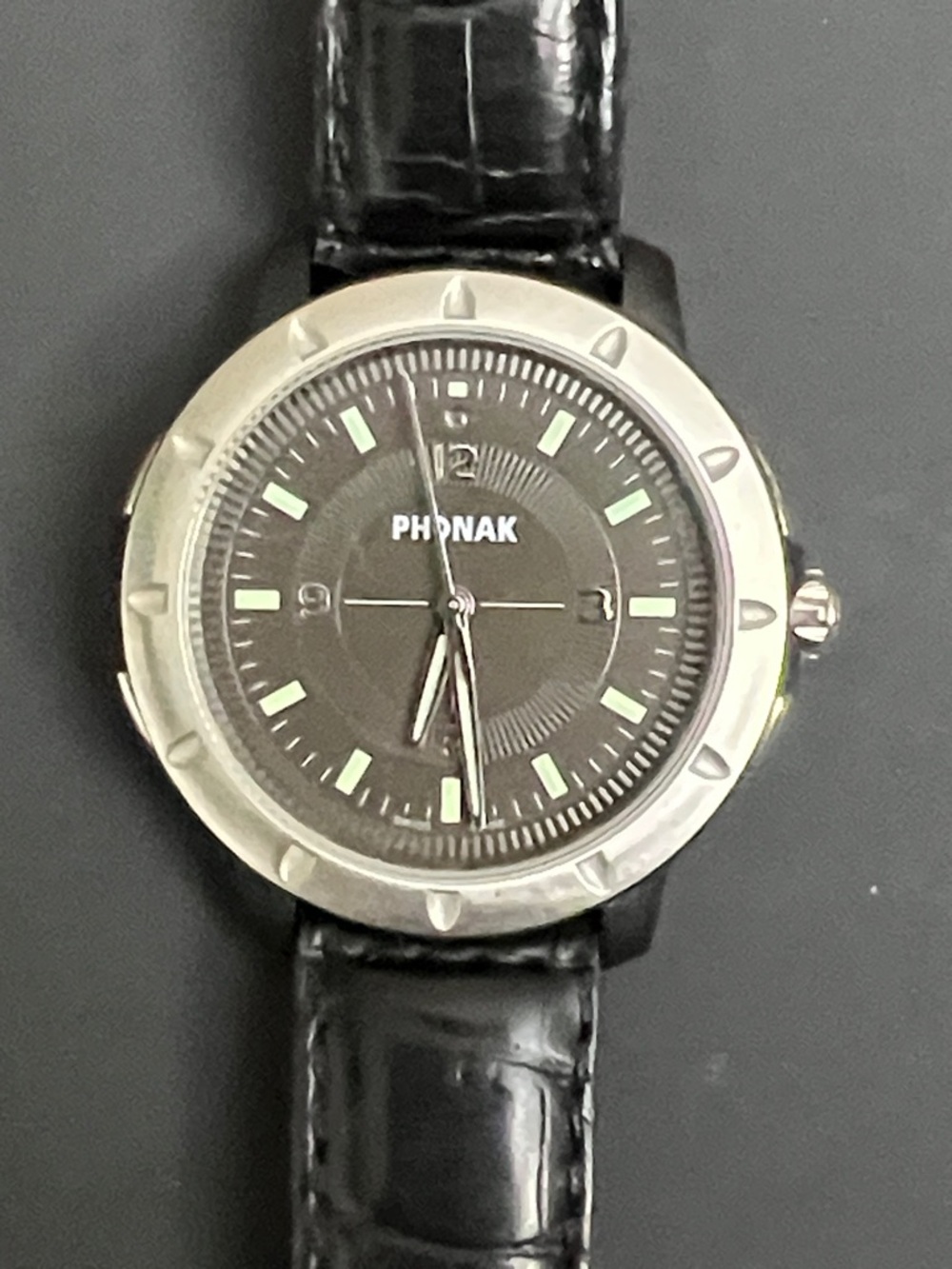 Phones Black Dial Men's Watch with Black Leather Strap